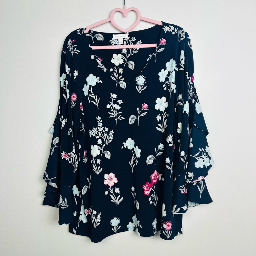 Charter Club Navy Blue Floral Flutter Long Sleeve Blouse Size Large